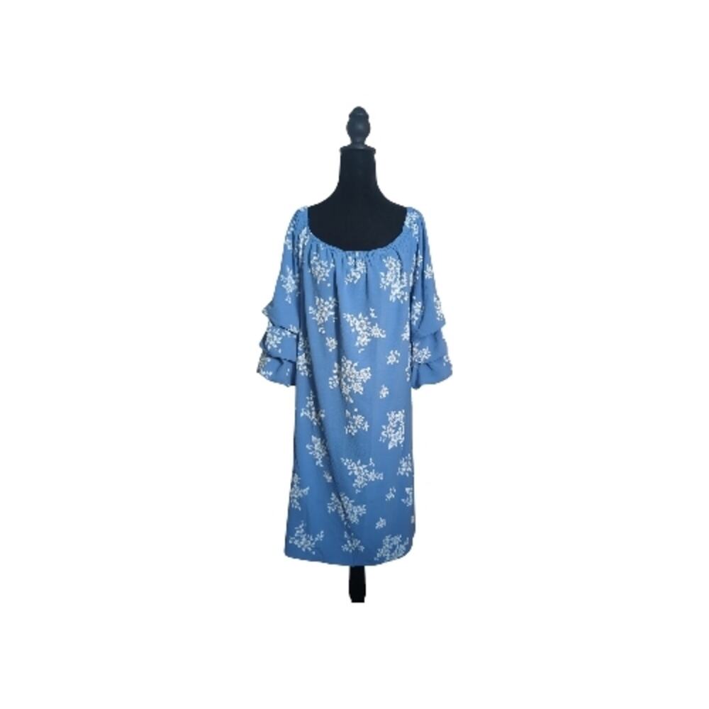 Chloe+Rene Large Blue Floral Shift Midi Dress Tiered Sleeves Boho Chic, Cottage
